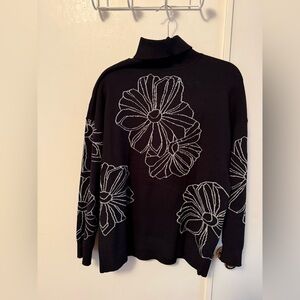 Joseph A Black and White Floral Turtleneck Sweater